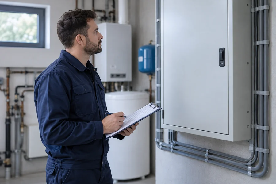 Imagen ilustrativa de un t&eacute;cnico revisando un tablero el&eacute;ctrico